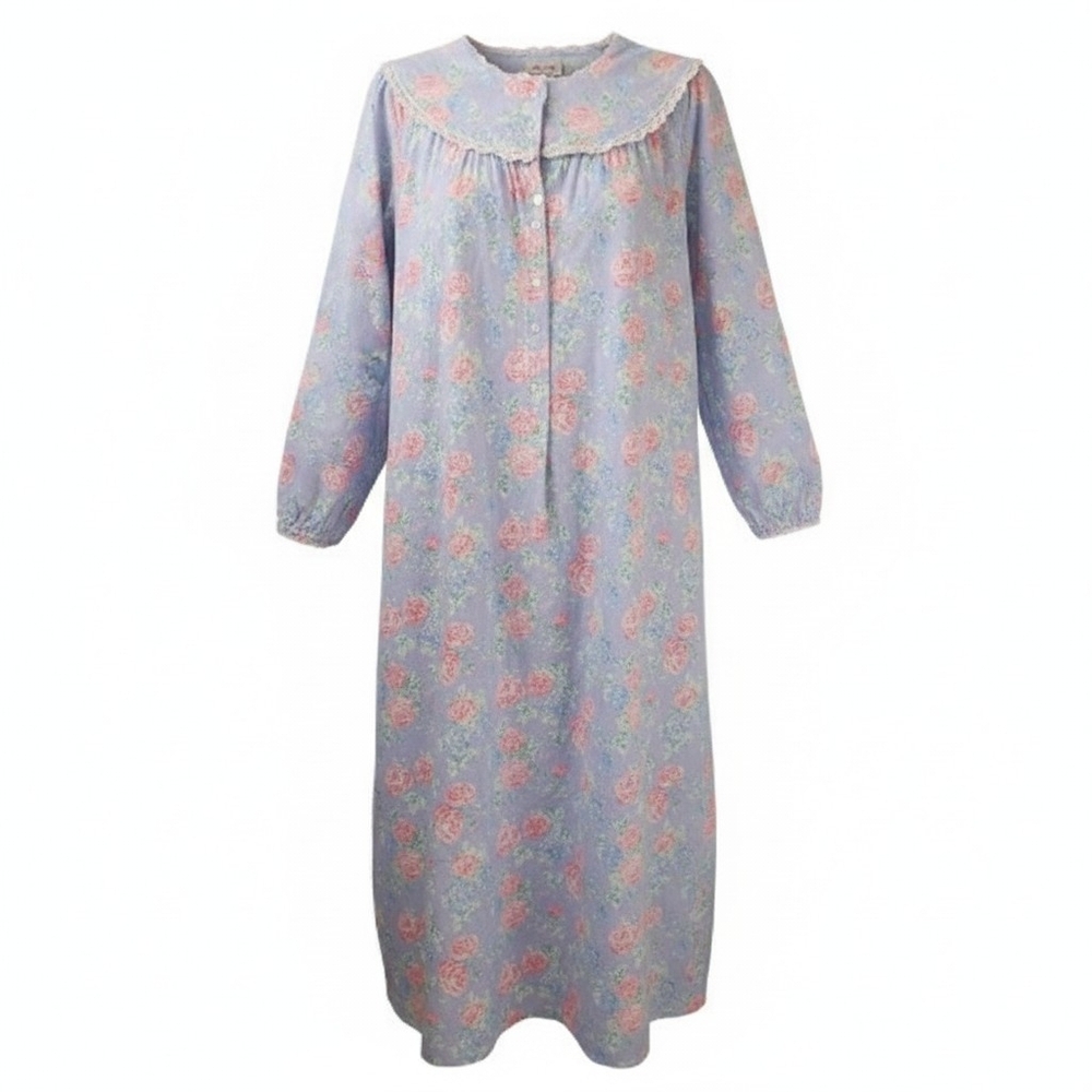 LANZ OF SALZBURG | Nantucket Rose Flannel Nightgown Modest Grannycore Blue | XS